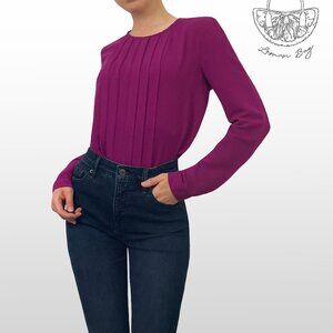 Forever21 / Long Sleeve Pleated Blouse Top Crew Neck / Size S / Color Fuchsia
